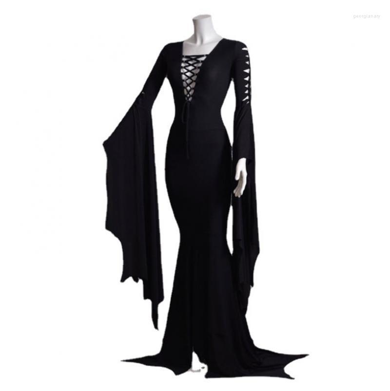 

Casual Dresses Gothic Badge Deep V Hollow Out Batwing Sleeves Floor Length Dress Irregular Hemline Black Red Blue Big Plus Size