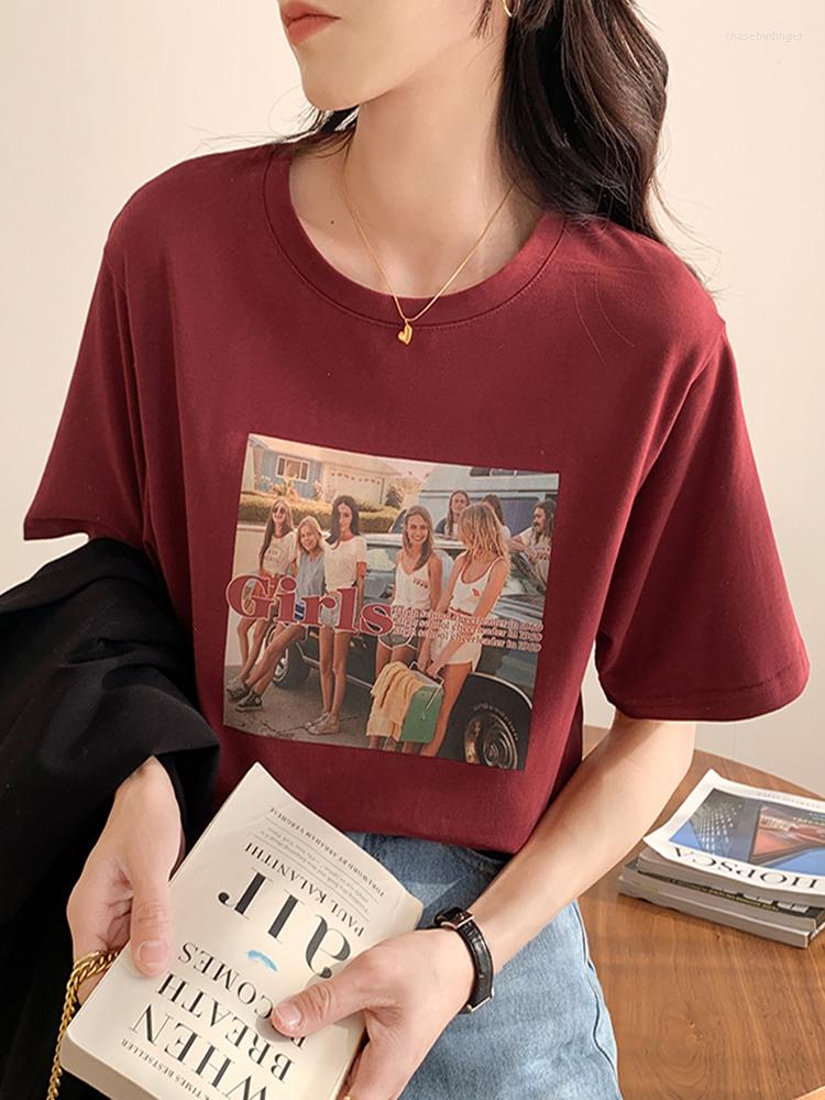 

Women' T Shirts Harajuku Print Tee Shirt Female Korean Tops White T-shirt Loose Cotton 2022 Summer Women Fashion Y2K Tshirt Femme, Red