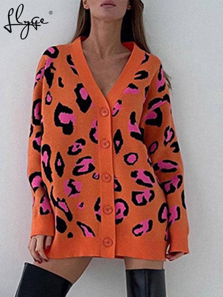 Cardigan imprimé léopard pour femme, pull surdimensionné, col en v, tricoté épais et chaud, pull élégant à manches longues