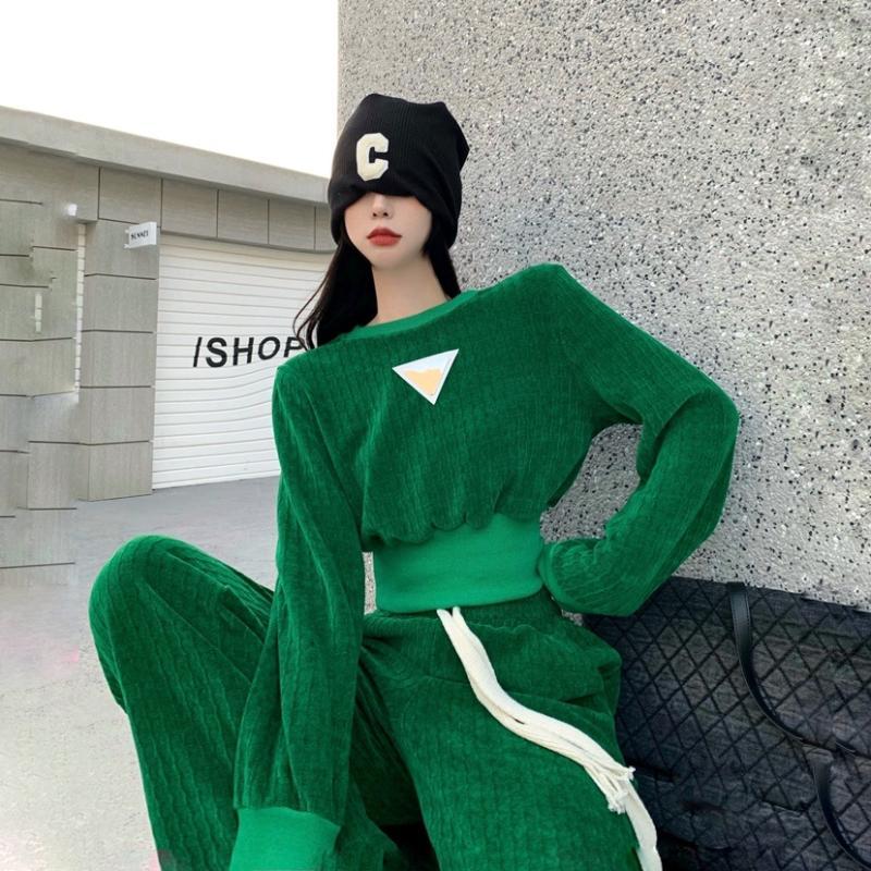 

Women' Two Piece Pants Women' Sets Womens Net Red Fried Street Two-piece Suit Wear 2022 Winter Fashion Thickened Top Wide Leg, Green coat