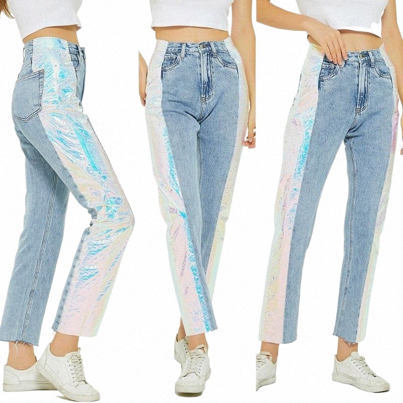 Les femmes à la mode portent des jeans de style petit ami lâche pantalon féminin épissant le chiffon de couleur fantastique lumineuse haute neuf