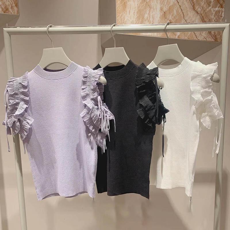 

Women's Sweaters Kuzuwata 2022 Summer All Match Pullover Ruffled Lace Up Off Shoulder Patchwork Knit Top Japanese Sweet Solid Color Jumpers, White