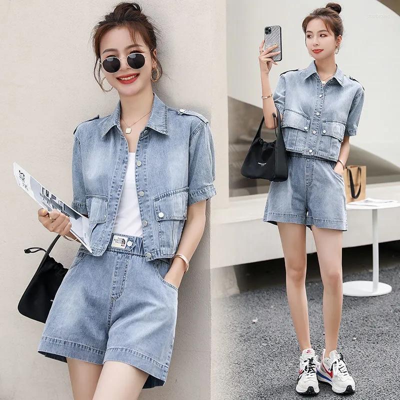 

Women' Tracksuits Summer Retro Female Short-Sleeved Denim Sets Short Jacket Tooling Shorts Loose Two-Piece Suits, Light blue