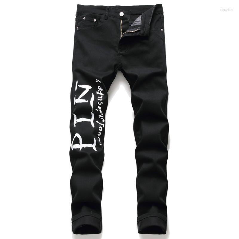 

Men's Jeans European American Digital Print Men's Fashion Stretch Middle Waist Casual Trousers Black Motorcycle Pants