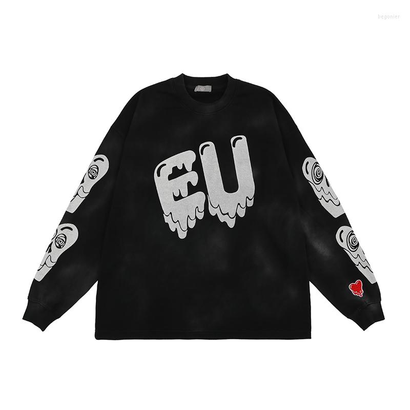 

Men's Hoodies EU Dissolving Heart Embroidery Washed Retro Mens Sweatshirts Cew Neck Oversized High Street Stranger Things Loose Casual, Black