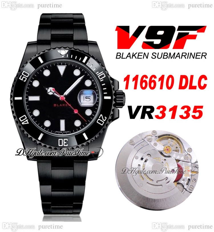 

V9F BLAKEN VR3135 Automatic Mens Watch PVD Steel Ceramic Bezel All Black Dial OysterSteel Bracelet Super Edition Same Series Card Puretime B2, Customized warranty card