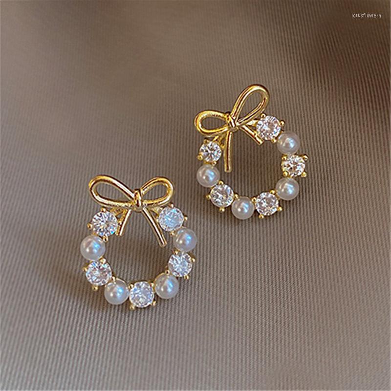 

Stud Earrings 2022 Korean Pearl Wreath Bow Fashion Temperament Elegant Simple Female Jewelry