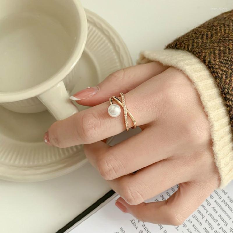 

Cluster Rings 2022 Korean Exquisite Pearl Cross Ring Fashion Temperament Simple Opening Women's Jewelry