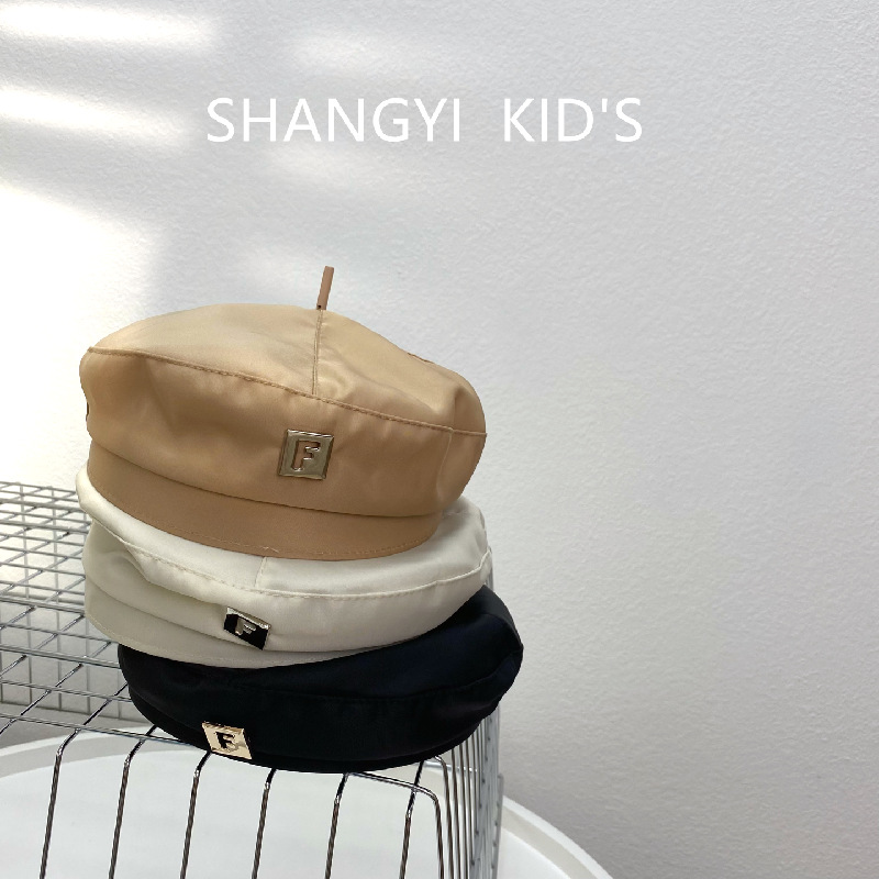 

Autumn winter Kids PU leather beanie hat girls boys letter square labeling beret cap fashion children outdoor warm hats Q8590, Beige