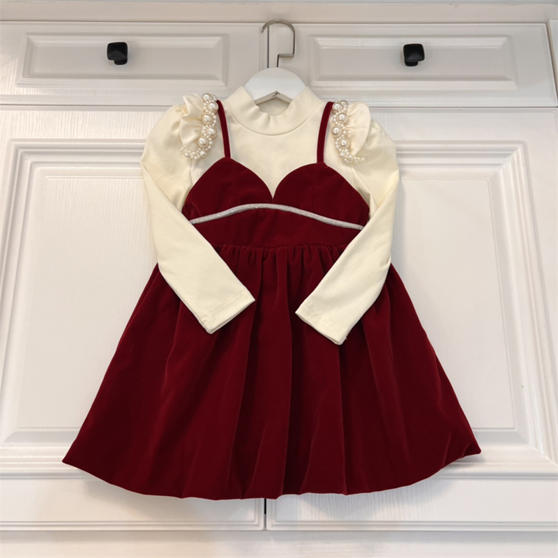 

Baby Girls Designer Clothes Set 2022 New Children's Pearl Undershirt Princess Dress Western Style Two-Piece Sets Autumn/Winter Girl Sling, Red