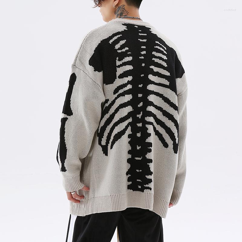 

Men's Sweaters Japanese Skeleton Sleeve Bone Print Crew Neck For Men And Women Patchwork Pullover Knitted Oversized Wool Sweater, Beige