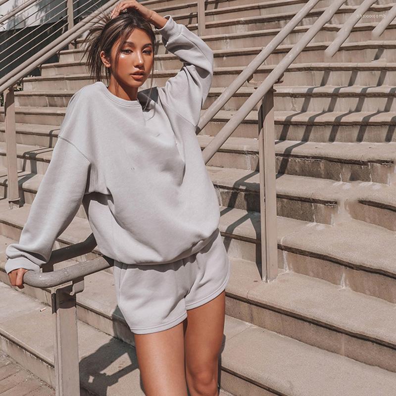 

Women' Tracksuits Women' Fashion Women Simple Shorts Two-piece Solid Color Round Neck Long-Sleeved Top And Elastic Waist Spring, Gray