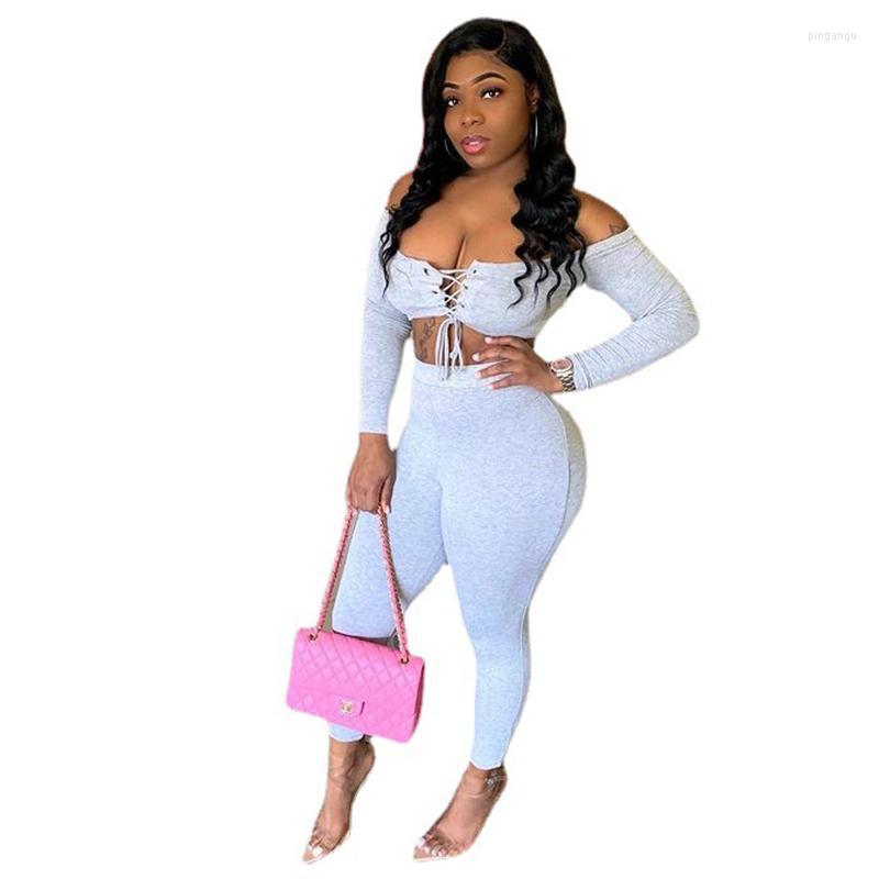 

Women' Two Piece Pants Women' Women Sexy Set Long Sleeve Hollow Out Crop Top Shirt And Trousers Slash Neck Streetwear Outfits, Gray