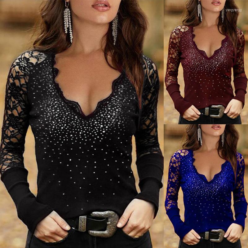 

Women' T Shirts 2022 Autumn And Winter Off-the-shoulder Long-sleeved Pullover Slim V-neck Lace Drill Bottoming Shirt Women, Black