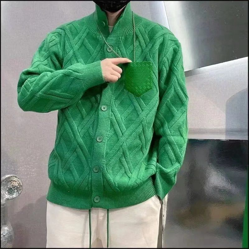 

Designer Sweater B 22 V Stand Collar Diamond Jacquard Knit Cardigan coat mens wool Jacket Green Men Sweaters, White