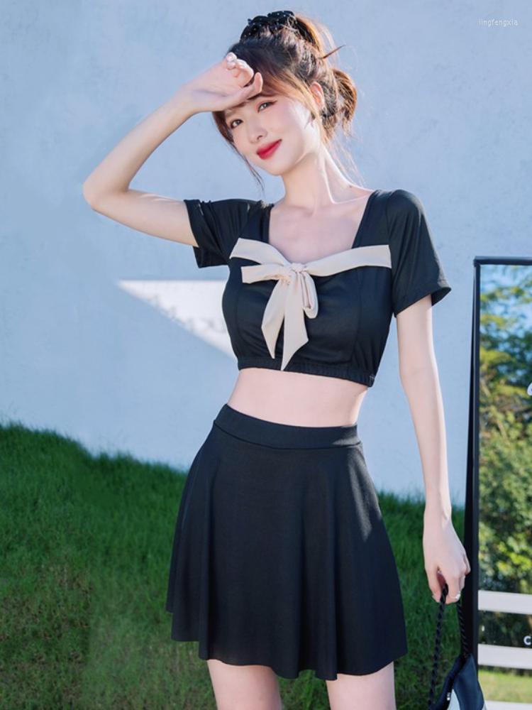 

Women' Swimwear Bow Tie Ladies Korea Spring Swimsuit Split Conservative Cover Belly Sexy Two Piece Skirt Style Swimsuits, Black