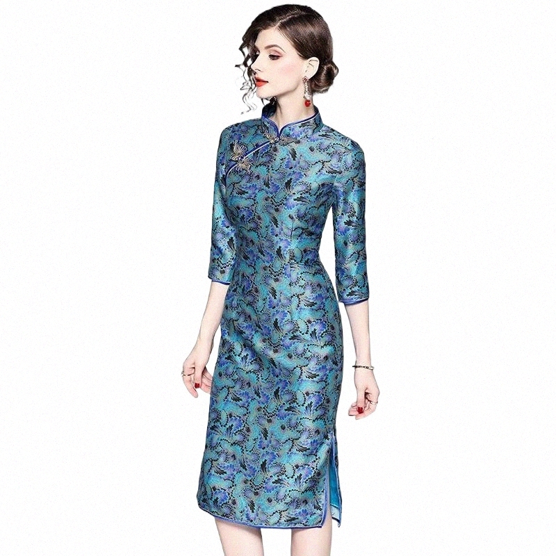 

casual Dresses Dress Autumn Ladies Cheongsam Superior Quality Spring Women Clothing Chinese Style Print Party  Vintage z8V5#, Blue