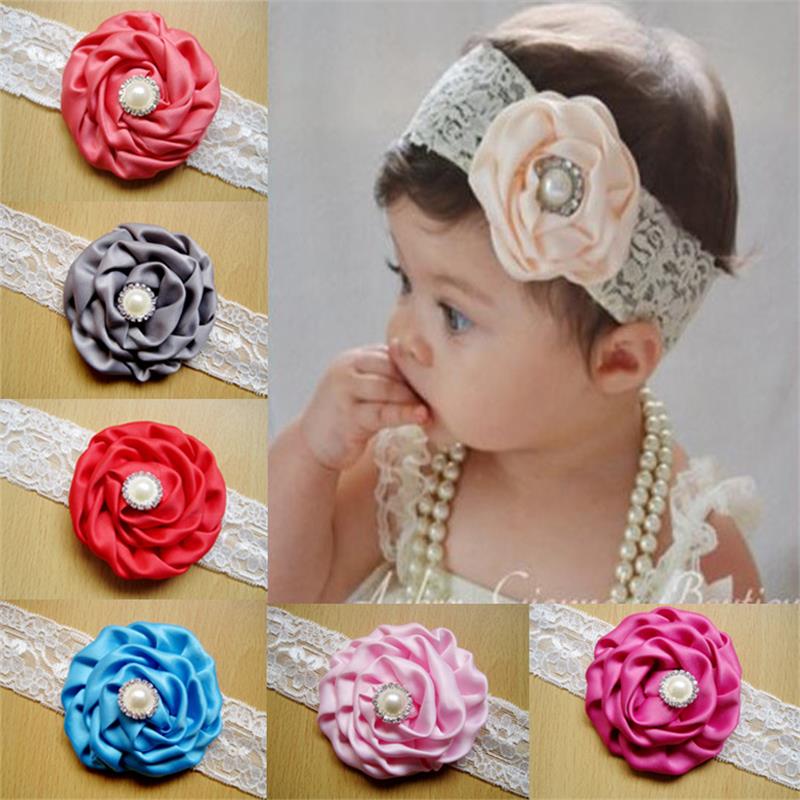 

New Infant Flower Pearl Headbands Girl Lace Headwear Kids Baby Photography Props Newborn Bow Hair Accessories Baby Hair bands, Mixed color