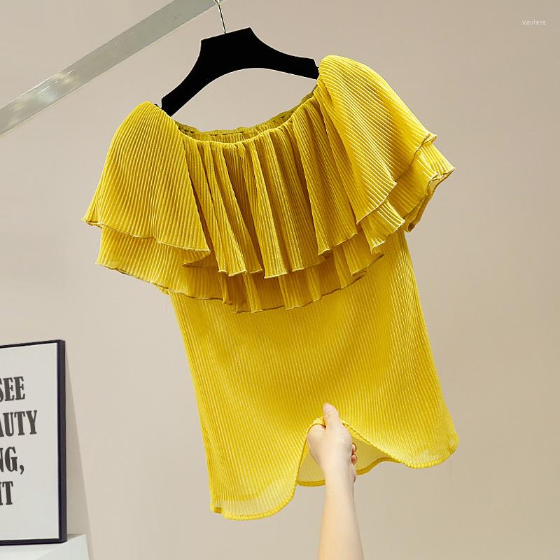 

Women's T Shirts Ruffled Stitching Sweet Off-shoulder See Through Short Sleeve T-shirt Women 2022 Spring Summer Wild Pink Tshirt Pullover