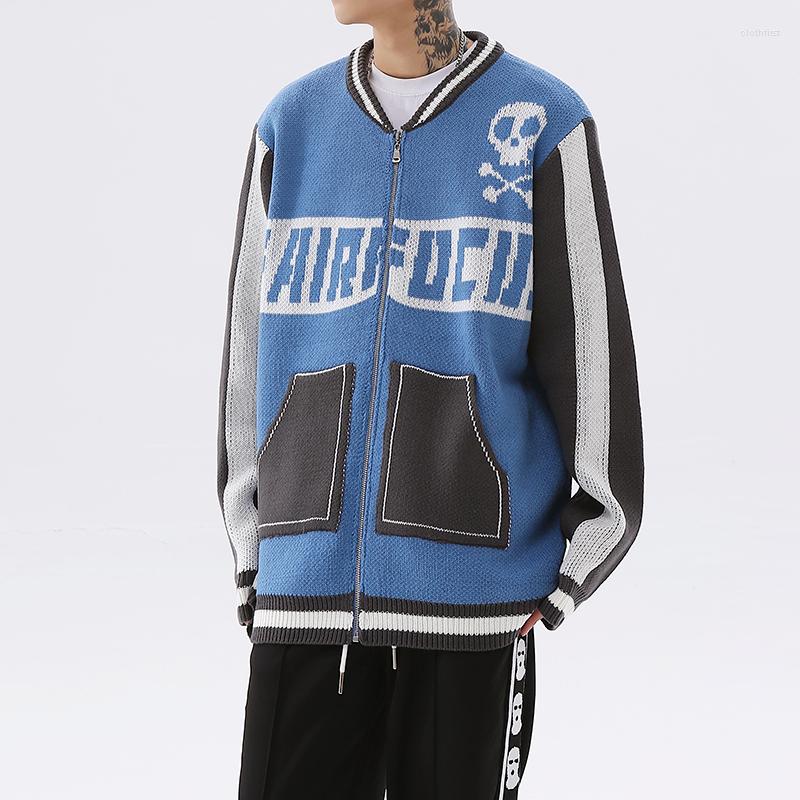 

Men's Sweaters High Street V Neck Patchwork Skull Zipper Cardigan Sweater Coat Mens And Womens Retro Harajuku Windbreaker Front Pockets, Blue