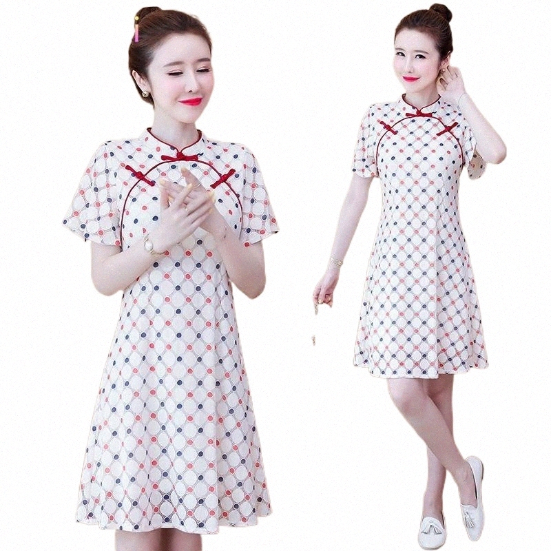 plus Size M-4XL 2021 White Lace Summer Short Sleeve Qipao Women Chinese Modern Cheongsam A-line Dress Party Traditional Clothes Y6DU#-image-802648271
