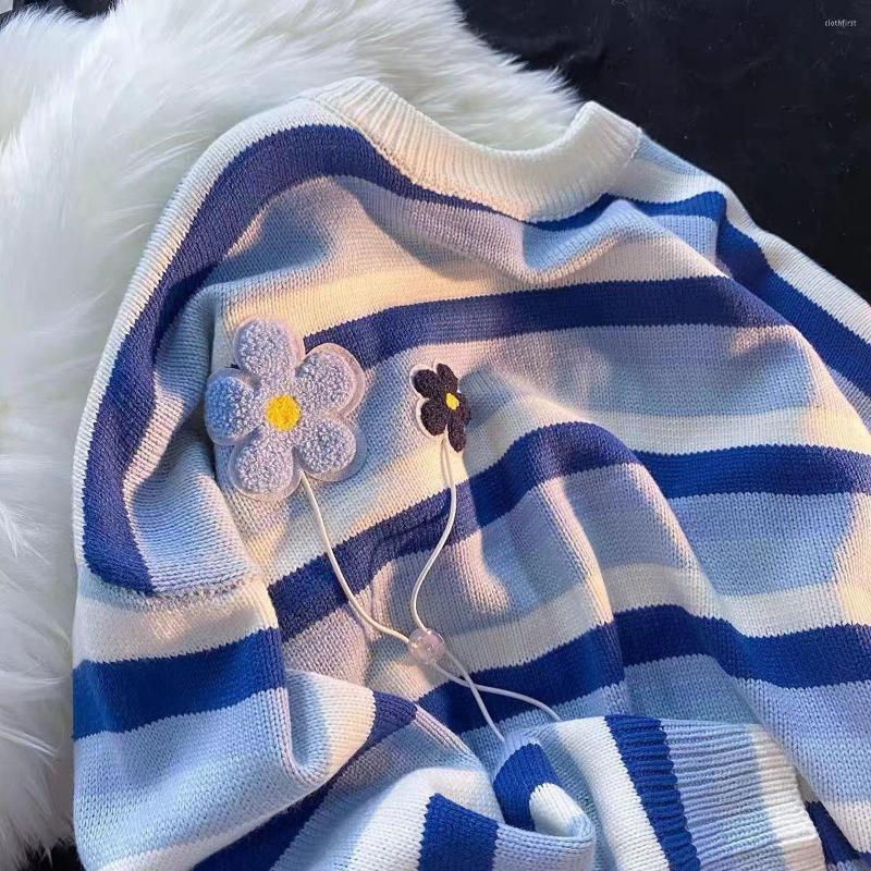 

Women's Sweaters Deeptown Korean Style Striped Blue Oversize Sweater Women Harajuku Couple Green Crewneck Jumper Pullover Female Tops Flower