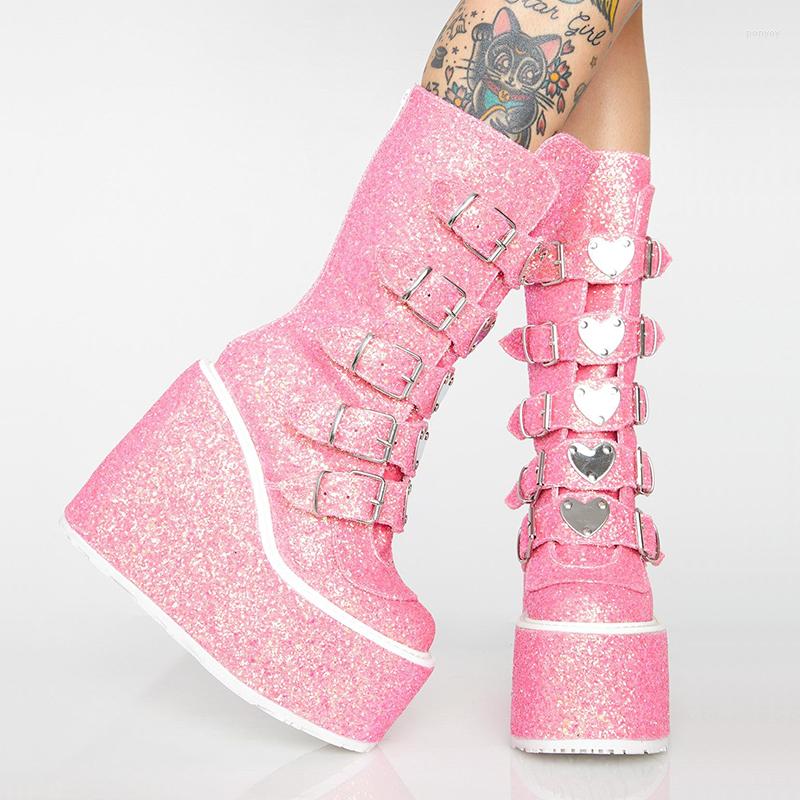 

Boots Brand Design Gothic Platform Motorcycle Fashion Demonia Wedges Women Punk Street Glittered Pink Big Size Woman Shoes, Bright black