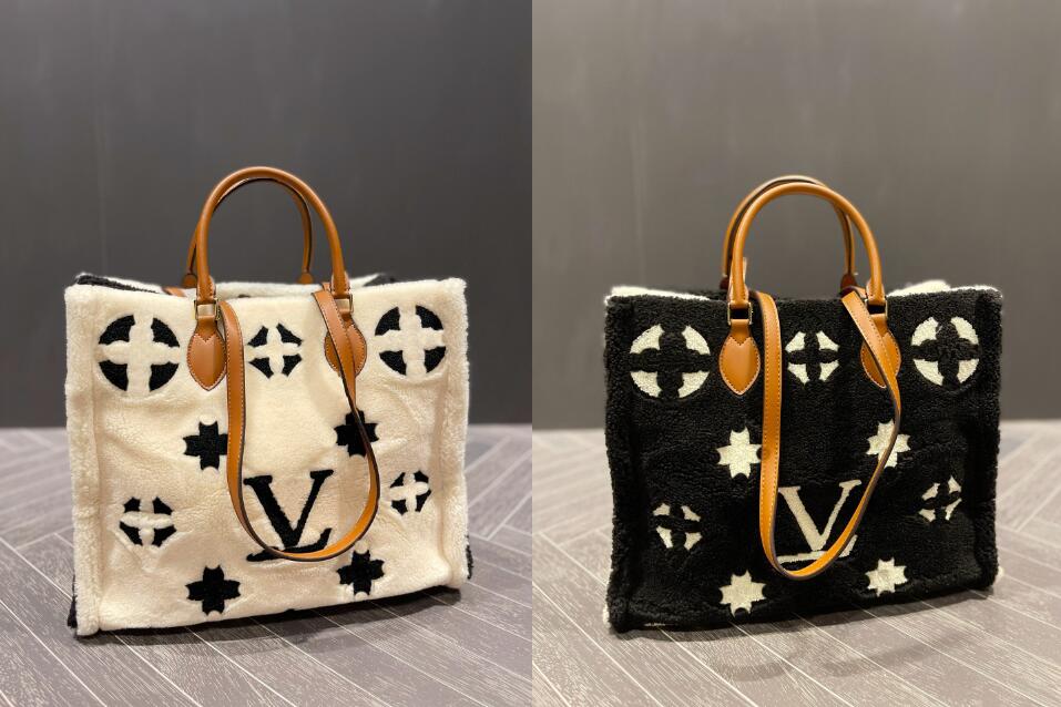 

TZ Designer bags onthego lambswool handbag Teddy Collection Furry Tote Bags Work Shopping Or Weekend Outdoor Oversized Print Shoulder Bag Black/White Totes 38CM