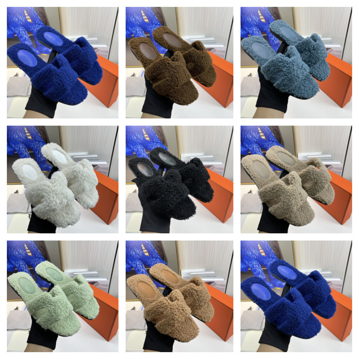 

H letter oran Wool Slippers Women Trendy Woolskin sherpa Slides Herme womens Slipper Solid Color Winter Soft warm plush Fur casual shoes loafers size 35-42, Separate color;contact me