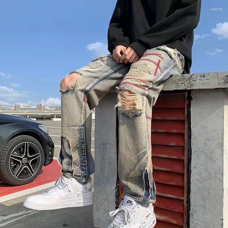 

Men' Jeans Vintage Hip Hop Ripped Slim Fashion Applique Embroidered Trousers Outdoor Locomotive Clothing, A1