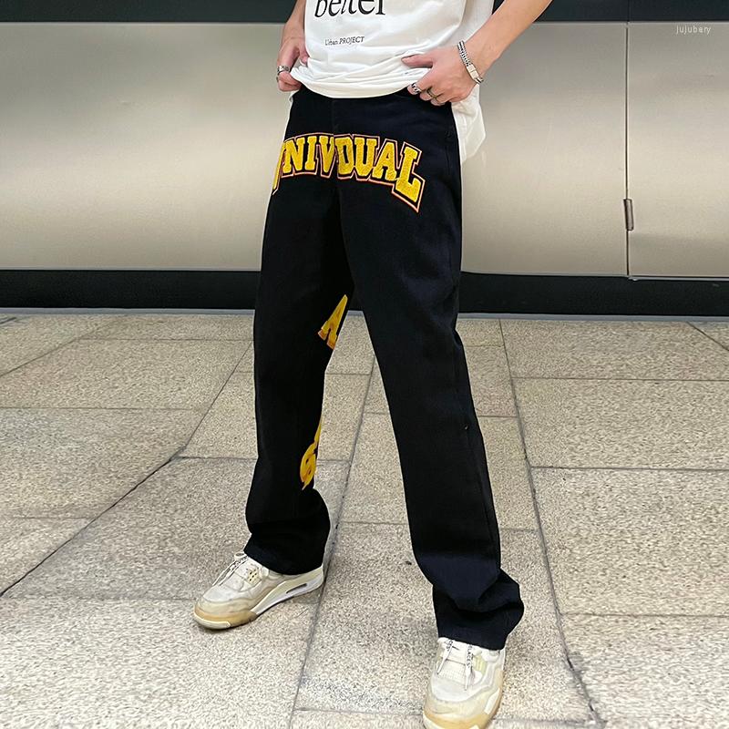 

Men's Jeans Retro Letter Towel Embroidery Straight Patch For Men And Women Streetwear Loose Pants Harajuku Oversized Denim Trousers, Black