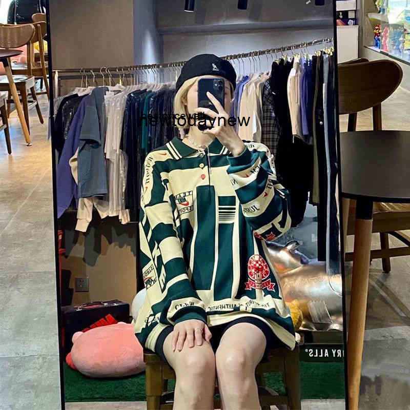 

cpfmbrand nk brand men hoodies Us original branded high street letter printed loose half button polo shirt Pullover oversize md FA24, Beige with olive green stripe