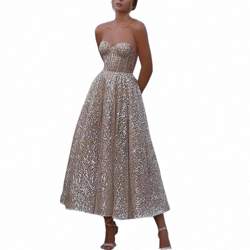 

casual Dresses Golden Sexy Deep V Tube Top Shiny Short Sweetheart Halter Neck And Ankle Long Bridal Gown 2022 Party Dress Ladies Apparel z6IF#
