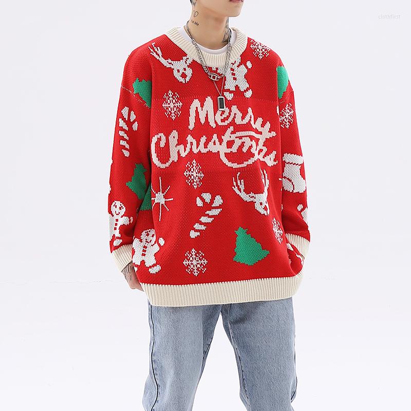 

Men's Sweaters Harajuku Retro Pullover Merry Christmas Witner Sweater Male And Female Round Neck Patchwork Knitted Oversized Casual Clothes, Red