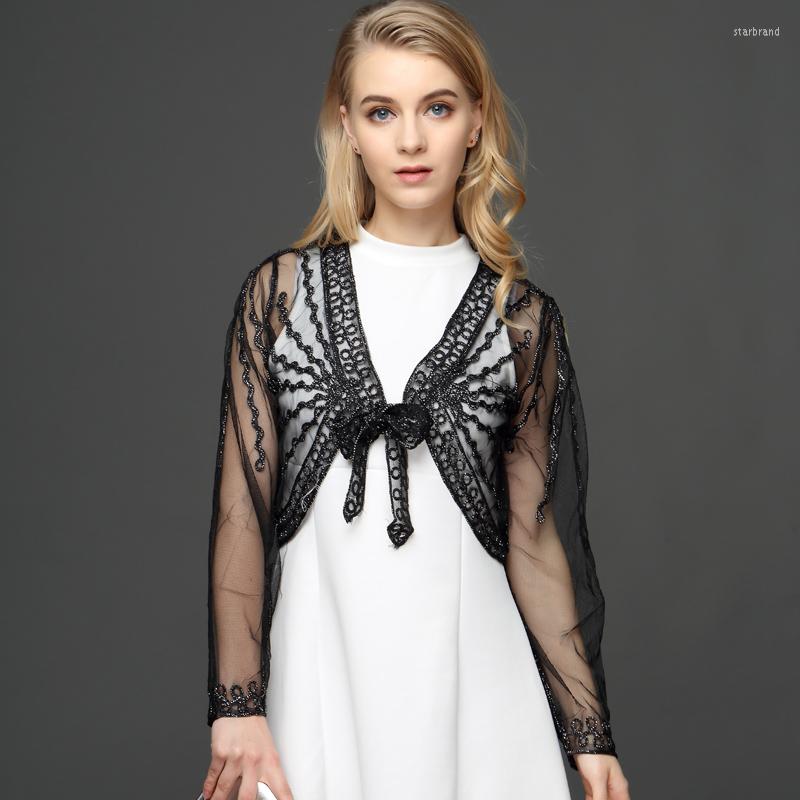 

Women's Knits Summer Women Lace Bolero Coat Shrug Long Sleeve Short Thin Crochet Embroidery Striped Female Shawl Cardigan With Belt, Beige