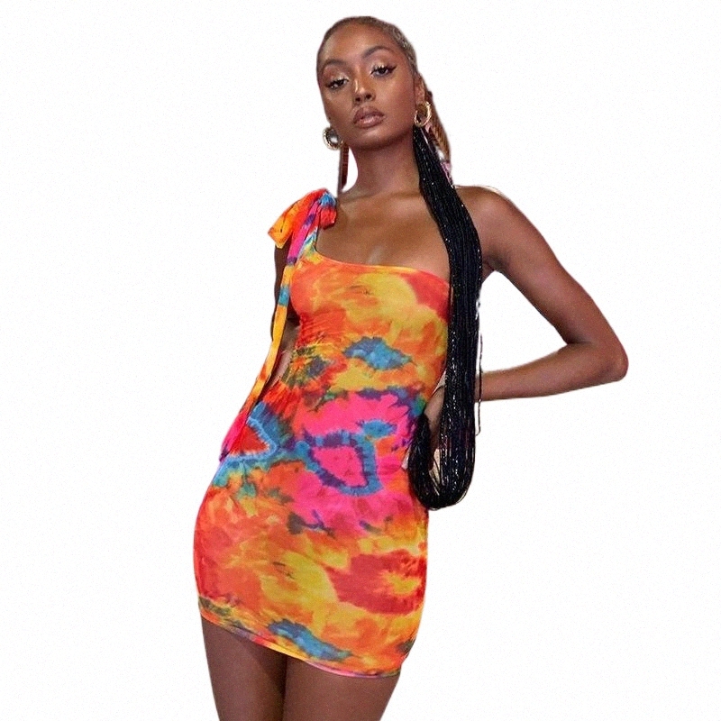 sexy Hot Tie Dye Women Bodycon Dress One Shoulder Bandage Fashion Party Mini Dresses Sleeveless 2021 Skinny Print Dress q66X#-image-802655704