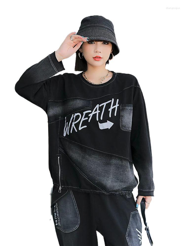 

Women's T Shirts FairyNatural Fall Spring Korean Fashion Clothing Ladies Retro Loose Denim Cotton Luxury Tee Tops Women Print Casual Punk, Black
