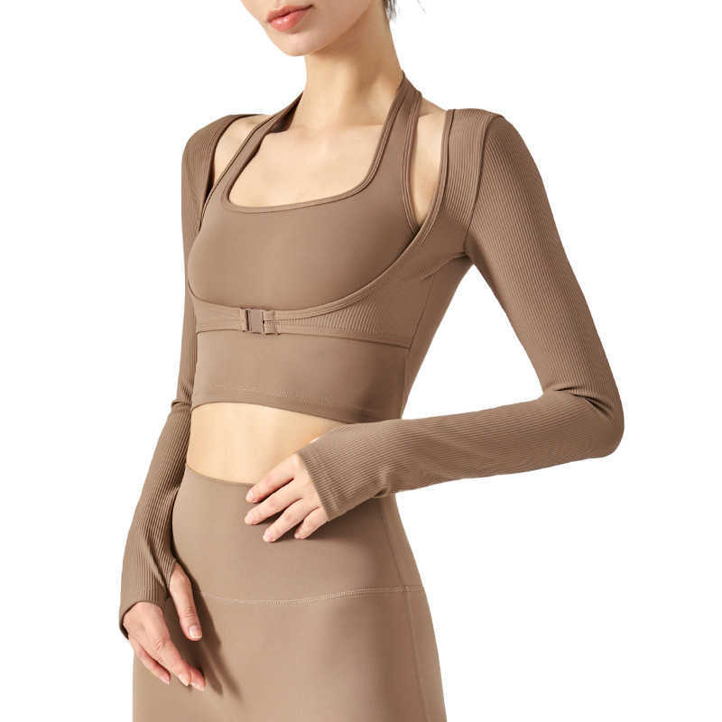 

Slim Two Pieces Yoga Top Long Sleeve Sports Shirt Women's Bodysuit Tees Blouse Bra Gym Clothes, Coffee