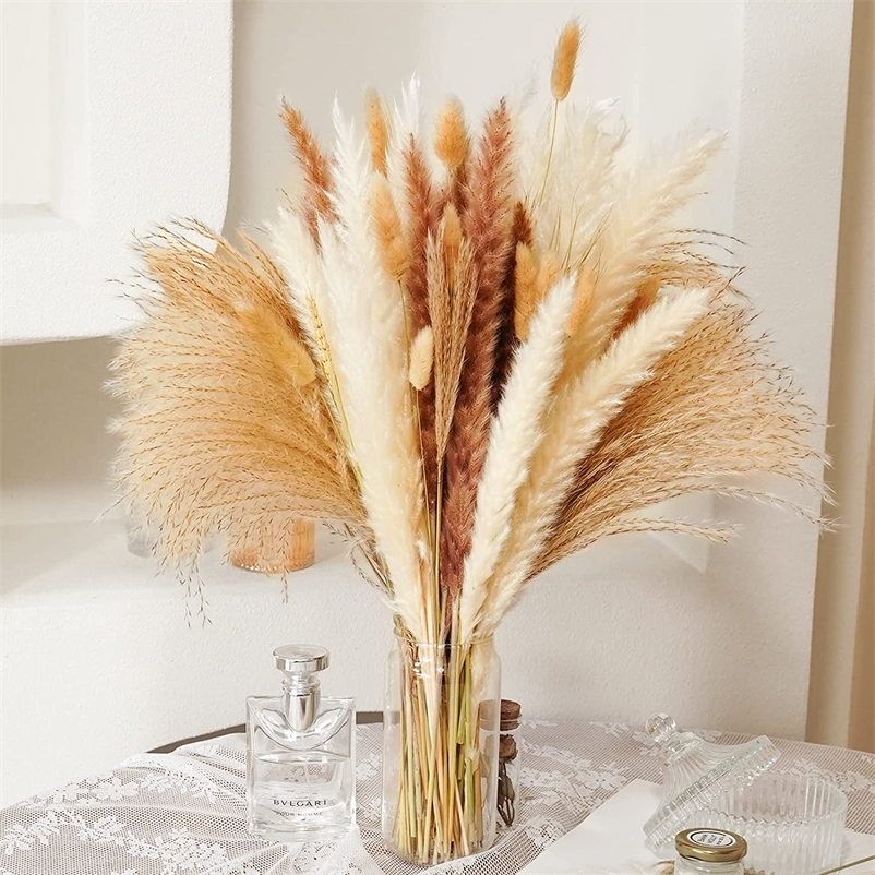 

Decorative Flowers Wreaths 80 Pcs Dried Pampas Grass Decor Flowers Bouquet Pompass Grass Branches/ Pompous Grass for Flower Arrangements Wedding Home Decor 220915, 80pcs no vase f