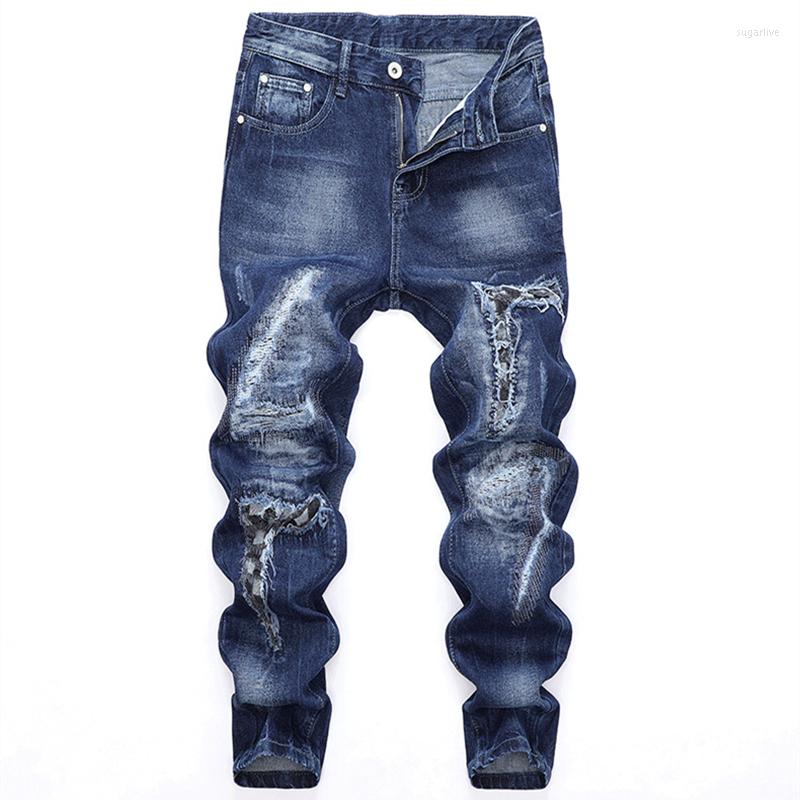 

Men's Jeans Men's Classic Blue Hip Hop Fashion Ripped Fabric Mid-Waisted Slacks Streetwear