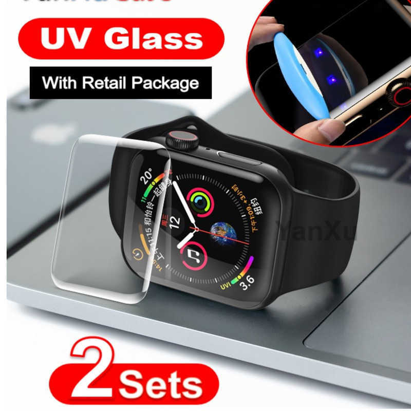 

2Pcs UV Glass Screen Protector For Apple Watch Series SE 6 5 4 40mm 44mm 3 2 1 42mm 38mm Liquid Glue Full Cover Film