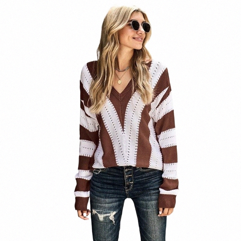 yelinfacr sweater women European and American autumn and winter striped contrast long-sleeved deep v-neck knitted sweater female c96U#