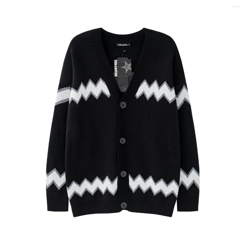 

Men's Sweaters Harajuku Spliced Autumn Cardigan Sweater Male V-neck Color Matching Wave Pattern Knit Pull Homme Korean, Black