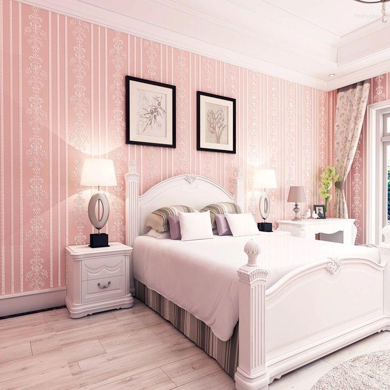

Wallpapers 3D Self-adhesive Textile Wallpaper European Stripe Wall Sticker Bedroom Living Room TV Background Creative, Pink