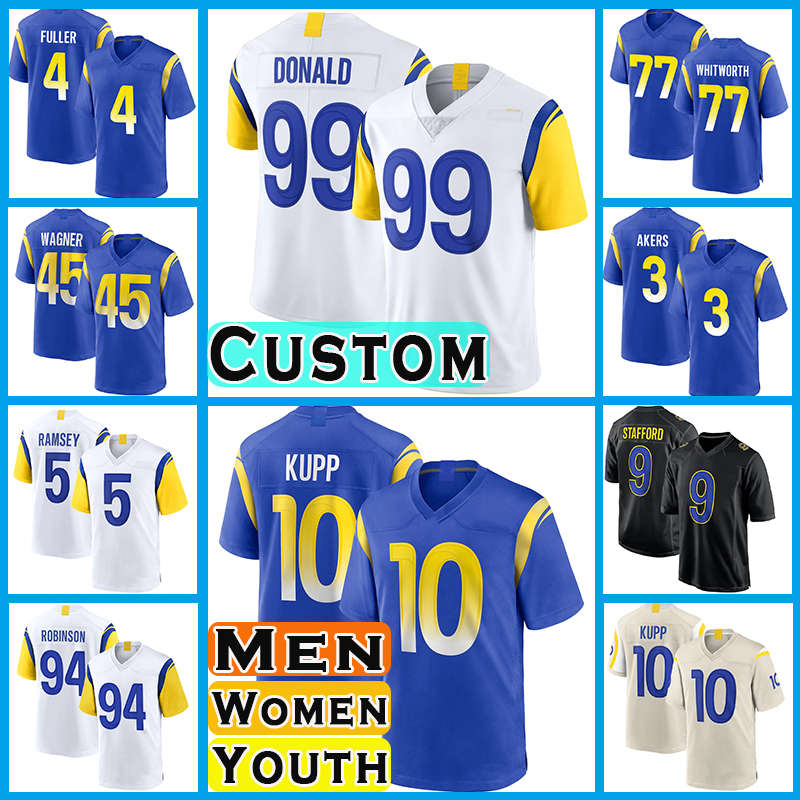 

10 Cooper Kupp Football Aaron Donald Matthew Stafford Jerseys Jalen Ramsey Bobby Wagner Cam Akers Rams Tyler Higbee Los Angeleses Van Jefferson Allen Robinson II, Custom women(g y)