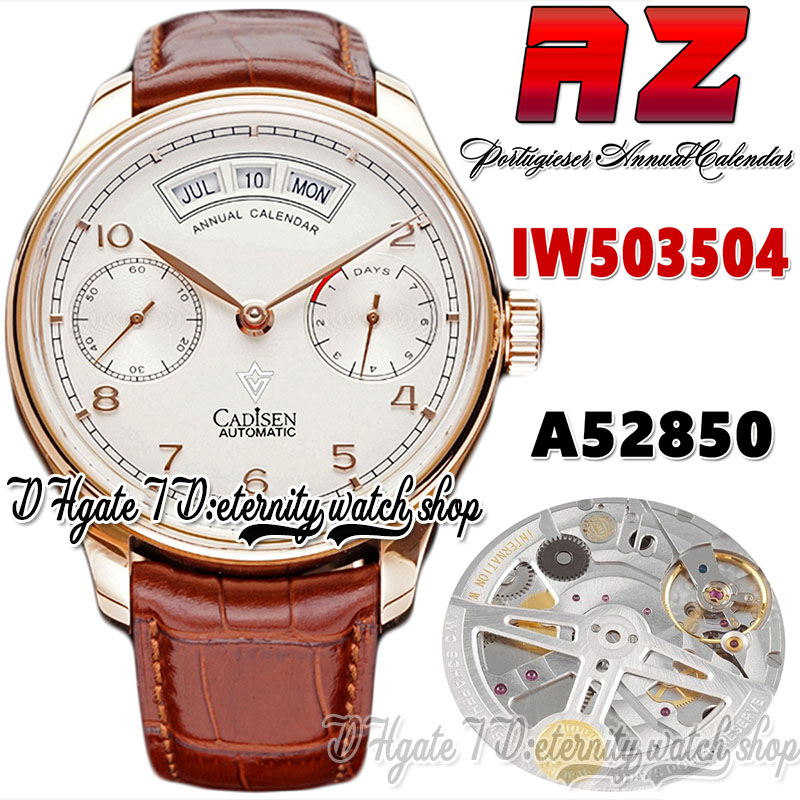 

AZF az503504 Annual Calendar Power Reserve Mens Watch A52850 Automatic White Dial Number Markers 18K Rose Gold Case Leather Strap Super Edition eternity Watches, Watch waterproof production cost