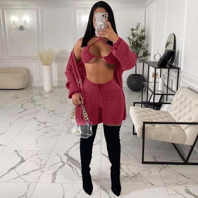 

Women' Tracksuits Spring Solid 3 Piece Matching Sets Casual Clothes For Women Halter Neck Bra Top Button Long Sleeve Sweater Skinny Short, Black