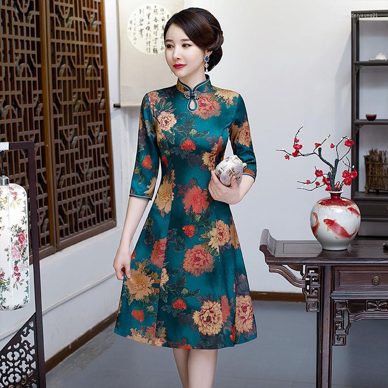 

Ethnic Clothing 2022 Chinese Dress Qipao Flower Print Cheongsam Female Oriental Women Evening Elegant Party