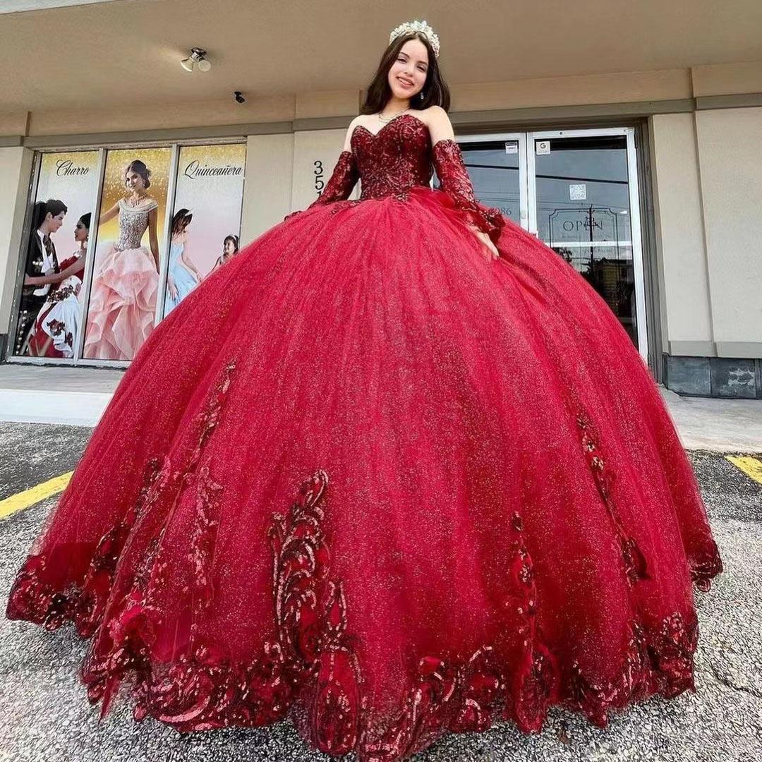 

2022 Burgundy Quinceanera Dresses Ball Gown Dark Red Sequined Beading Strapless Lace Up Princess Sequins Sparkly Dress Sweet 16 Vestido De 15 Anos Quinceanera, Champagne