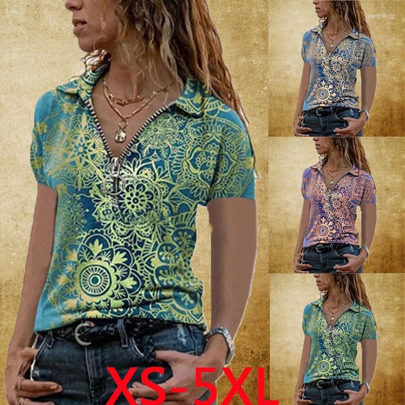 

Women's T Shirts Women's Printed T-Shirt Summer Zipper V-Neck Blush Casual Loose Short Sleeve Top, Blue